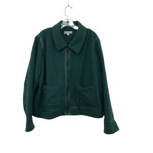 Ryegrass Jacket Woven Boucle Womens 1X Green Faux Leather Trim Pockets Full Zip
